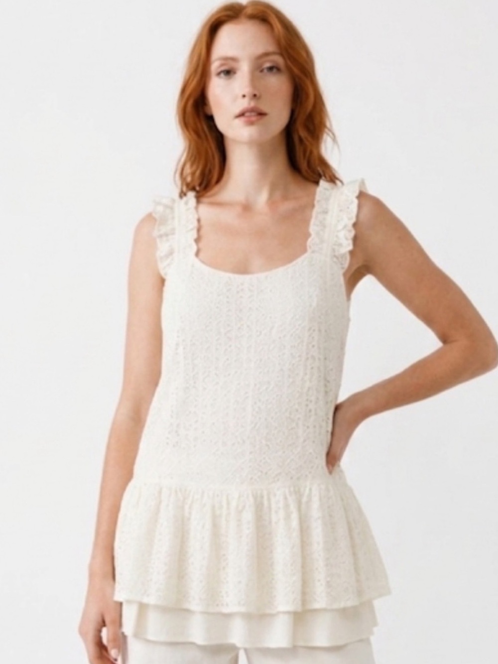 NWOT Anthropologie Blue Tassel White 100% Silk Ruffle Eyelet Tank Top Size Small